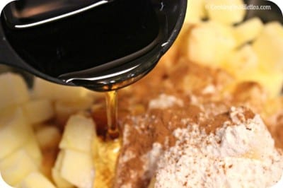 Maple Apple Cheddar Crisp with Satled Maple Caramel Sauce - Adding The Maple Syrup | Cooking In Stilettos