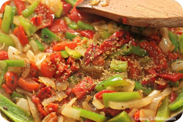 Philly Style Sausage and Peppers Strata -Sauteeing the Peppers and Onions | Cooking In Stilettos