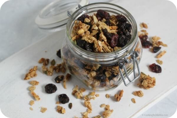 Cherry Almond Granola from CookingInStilettos.com is a fabulous way to start your day! Dried cherries and almonds are tossed with oats, spices and nuts for a fabulous sweet and crunchy bite. Homemade Granola | Healthy Snack | Dried Cherries | Almonds | Cranberries | Made From Scratch | Easy Recipe