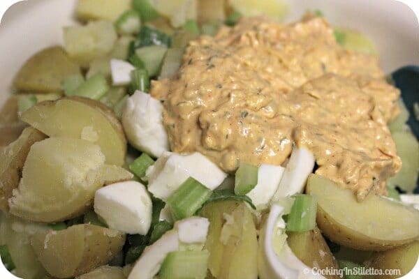 Deviled Egg Potato Salad - Time to Mix | CookingInStilettos.com