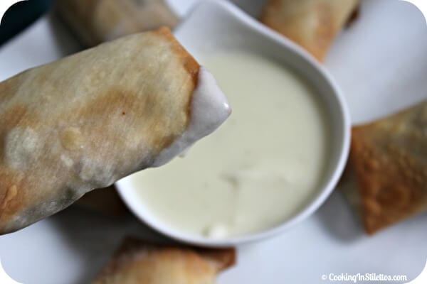 Philly Cheesesteak Egg Rolls with Zesty Provolone Dip | Cooking In Stilettos