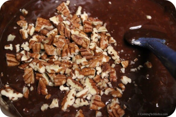 Bourbon Brownies - Adding the Pecans | Cooking In Stilettos