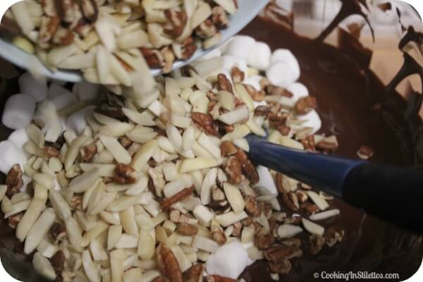 Rocky Road Chocolate Bark - Adding the Nuts | Cooking In Stilettos