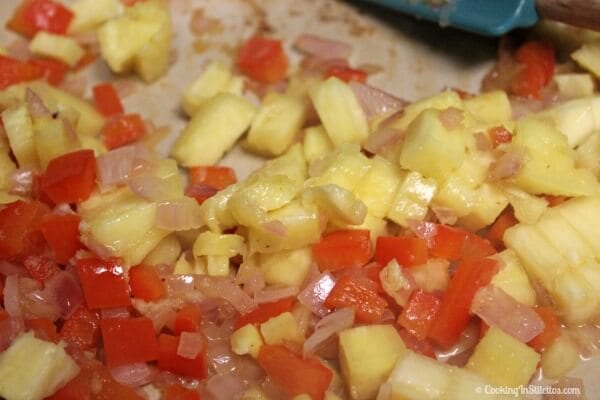 Aloha Fried Rice - Sauteing the onions, peppers and pineapple | Cooking In Stilettos