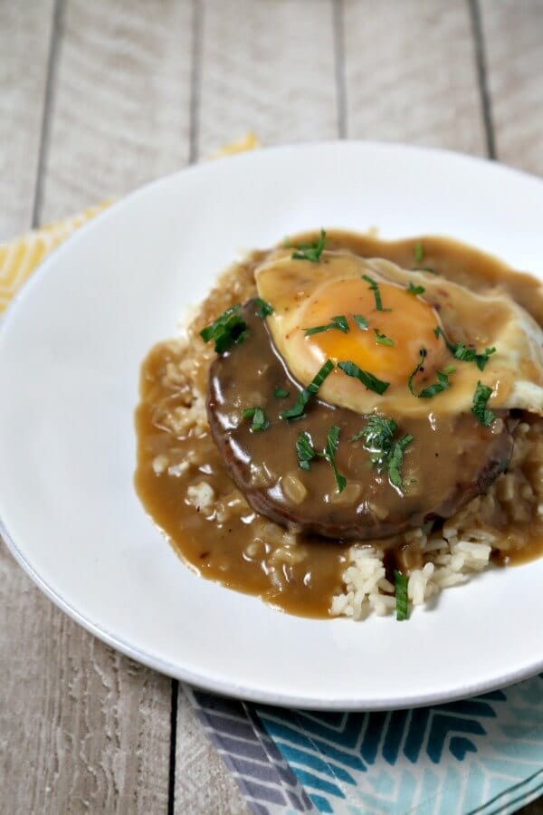 Meatless Loco Moco with Savory Onion Gravy | CookingInStilettos.com