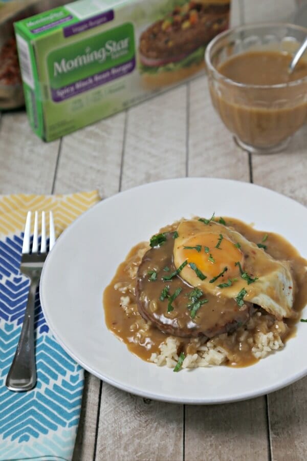 Meatless Loco Moco with Savory Onion Gravy | CookingInStilettos.com