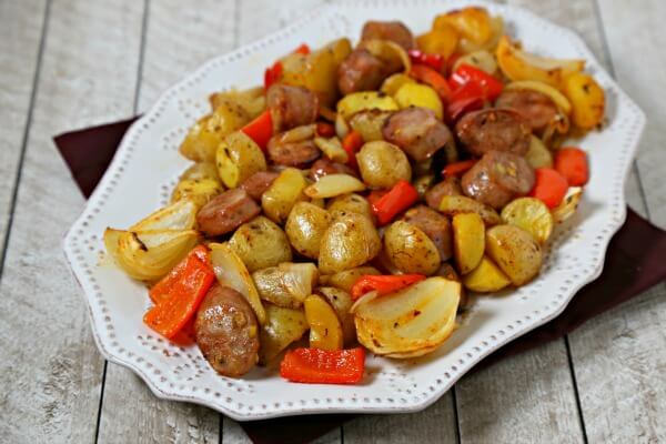 Roasted Chicken Sausage and Potatoes Tray-Bake | CookingInStilettos.com