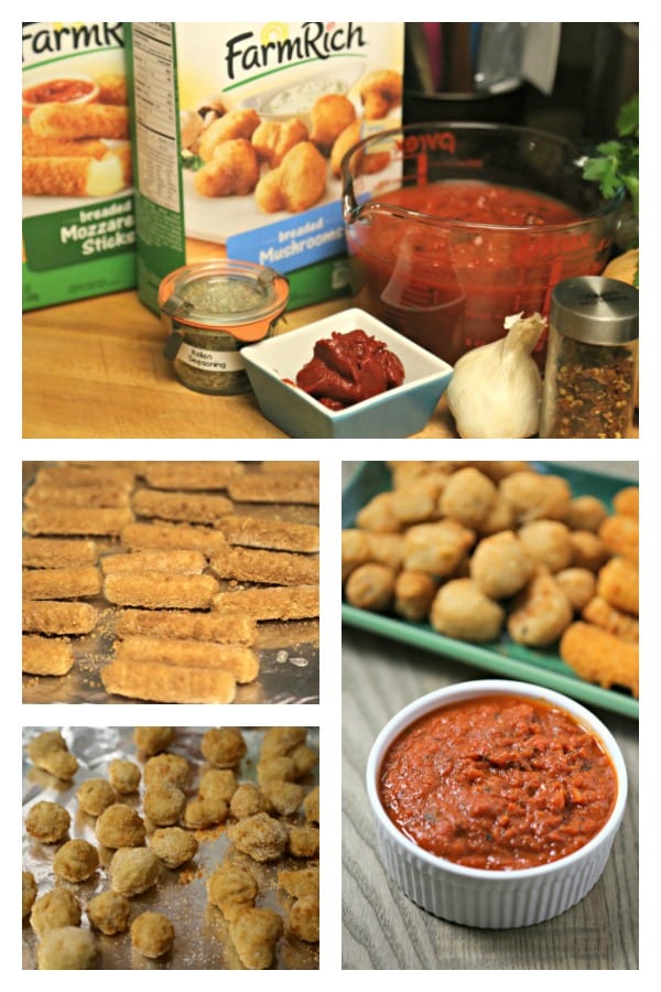 Easy Breaded Mushrooms and Mozzerella Sticks from Farm Rich with Easy 15 Minute Marinara Sauce | CookingInStilettos.com