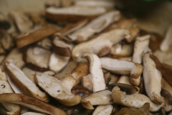 Three Cheese Baked Mushroom Pasta- Browning the Two Kinds of Mushrooms | CookingInStilettos.com