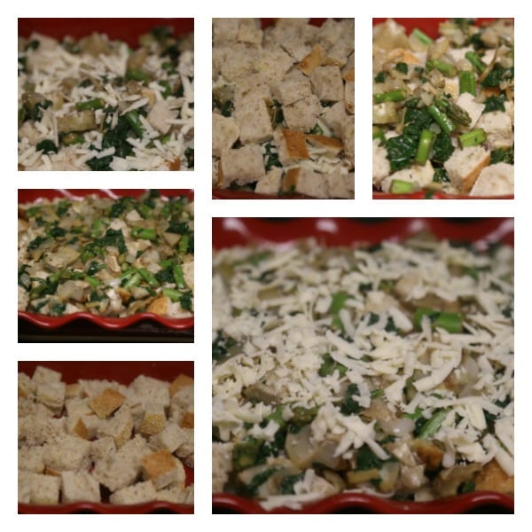 Spinach Artichoke and Asparagus Strata - Building the Layers | CookingInStilettos.com
