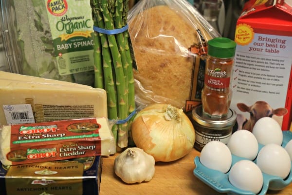 Spinach Artichoke and Asparagus Strata - Ingredients | CookingInStilettos.com