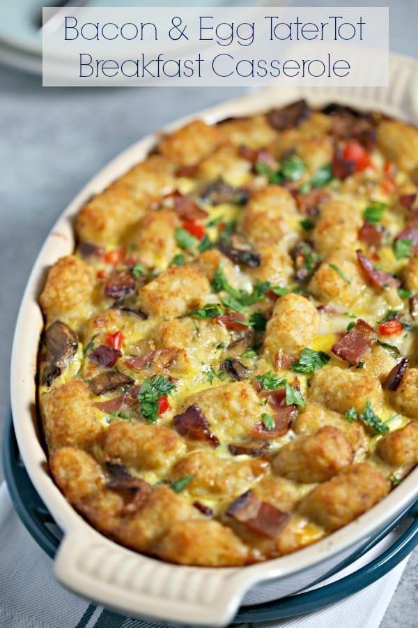 This Bacon and Egg Tater Tot Breakfast Casserole from CookingInStilettos.com is a comforting twist on a classic, packed with veggies and bacon - perfect for weekend breakfast or brunch! Breakfast Casserole | Tater Tot Casserole | Comfort Food | Casserole | Mushrooms | Bacon | Make Ahead Recipe