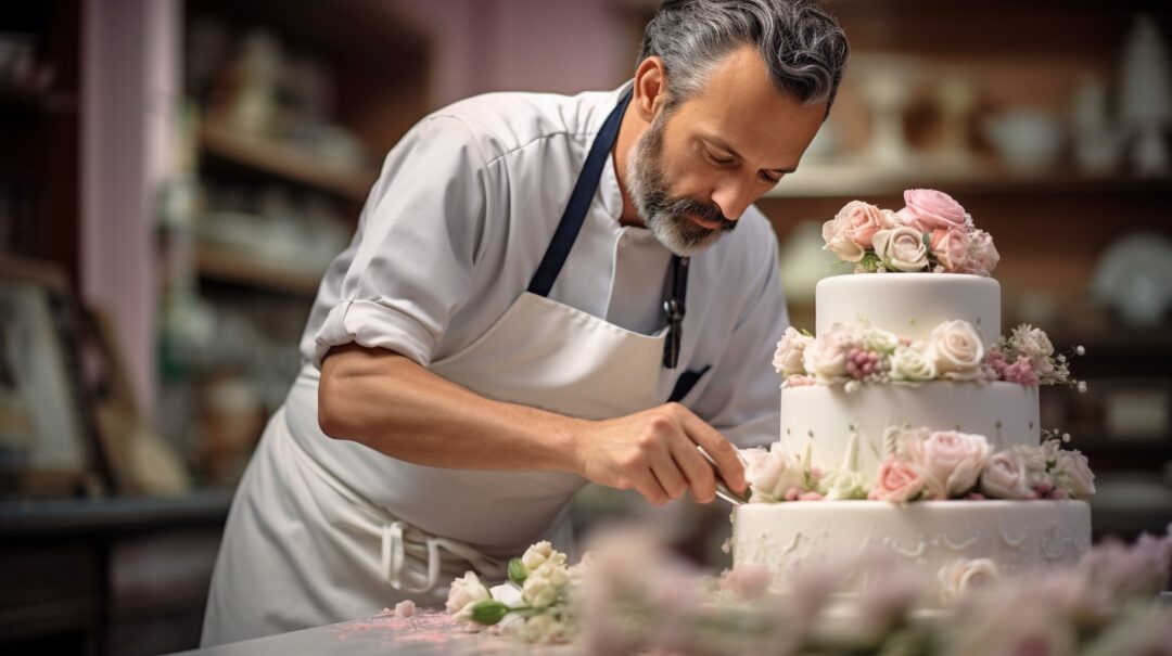 Artisan baker decorating a gorgeous layered wedding cake, delicious cake with fresh cream and frosting preparation on stand, professional pastry master working on details of the cake, with copy space.