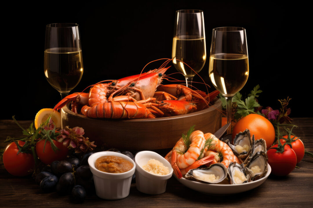 Assorted seafood and a glass of wine