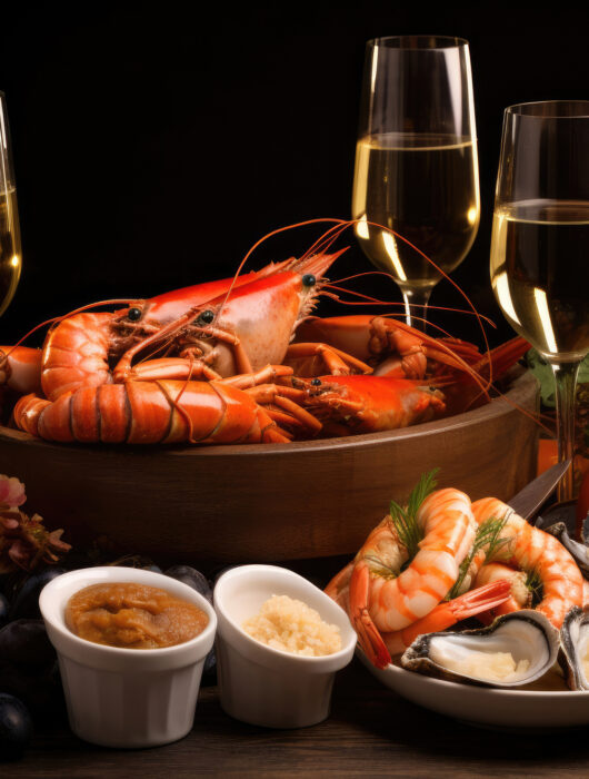 Assorted seafood and a glass of wine
