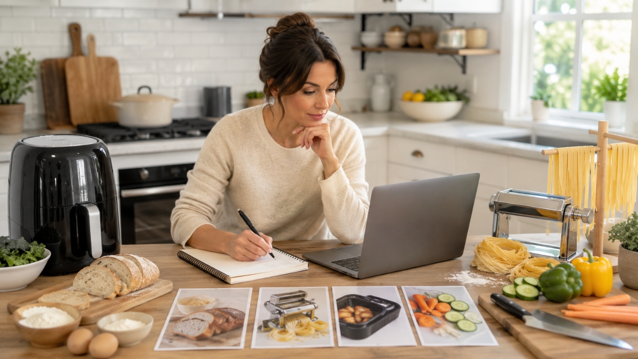 A woman plans an online culinary course beside a laptop, recipe cards, and kitchen tools