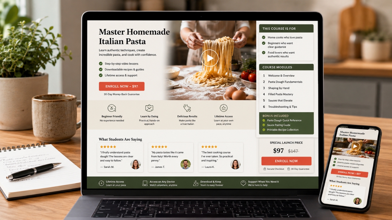 A laptop and phone show an online pasta course sales page with the price, modules, and student reviews