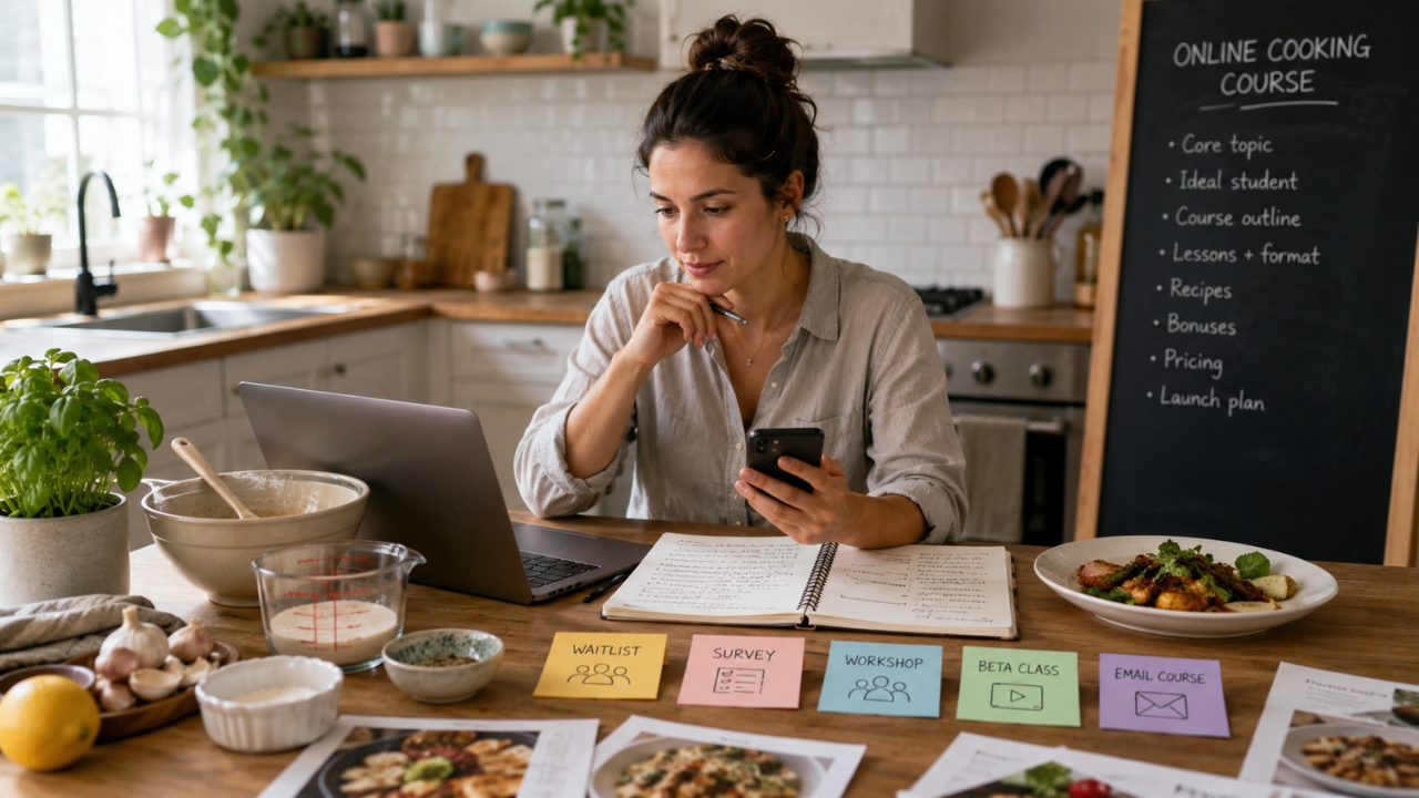 A woman reviews course ideas, survey notes, and recipes at her kitchen table